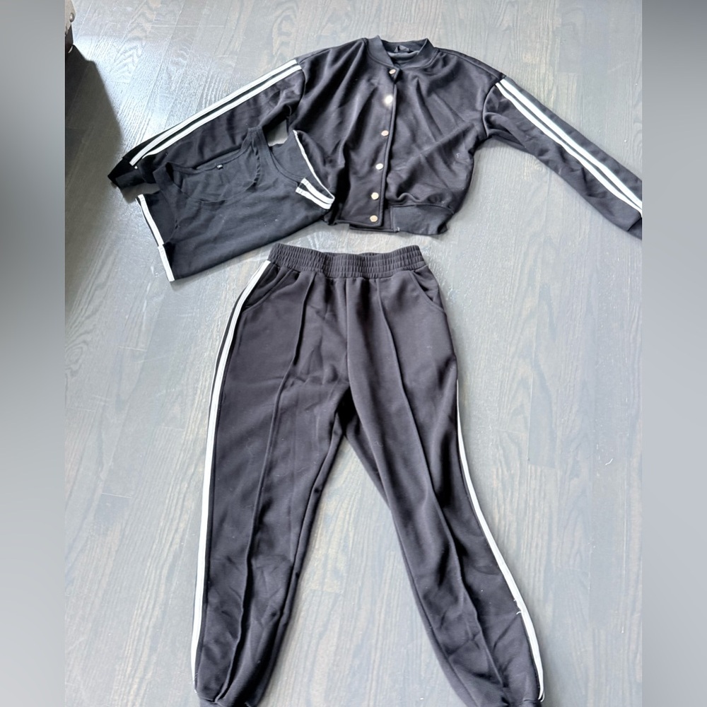 Black Three-Piece Track Set with White Stripe Trim
